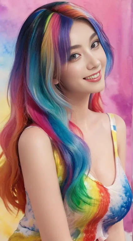 (masterpiece,  top quality,  best quality, watercolor ( medium),  Official Art,  beautiful and aesthetic: 1.2), ( 1 girl: 1.3), ( fractal art: 1.3), , Good , smile,  sunny day,  cheerful,  look viewer,  pattern,  wave, ( rainbow colored hair,  colorful Hai...