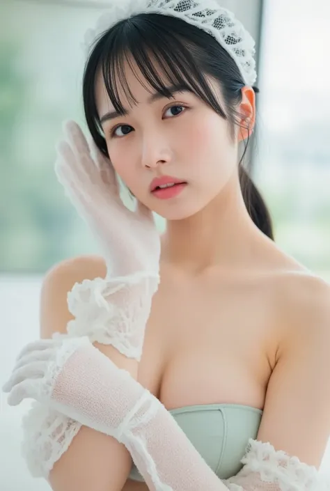  full body photo、 very detailed on trends 、masterpiece、 best quality、 super high definition、 original、 perfect lighting、ニーソックスとビキニ 、Underboob、 cleavage、  absolute domain、 maid's headband、 lace gloves 、sunny、indoor、 gravure shooting、 front view、On the deliv...