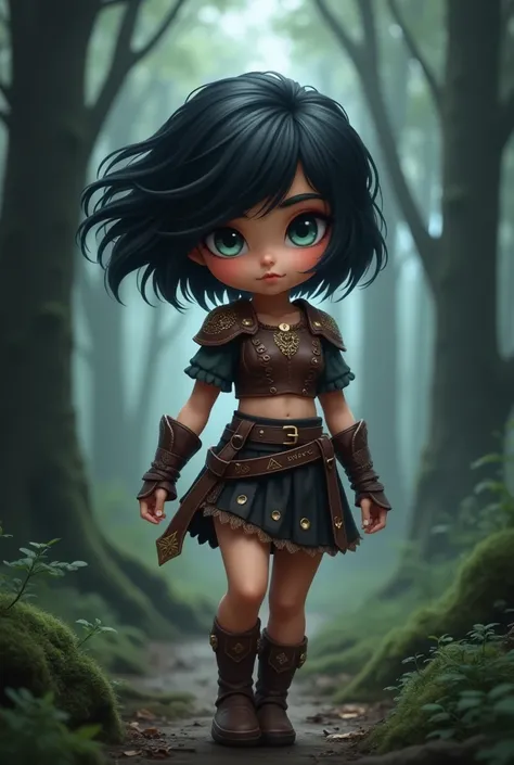 Chibi, 1 girl, black short hair windswept, she is wearing a leather reinforced crop top, her skirt is short and dark brown sturdy leather carved with runes that glow. Fantasy medieval theme. detailed hairstyle windswept, she is walking in a dense forest de...