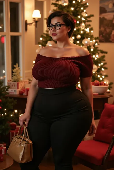 1,75m, 70 kilos, A short-haired, black hair, woman with glasses, wide hips, big breasts, surpoid  léger, tenue fashion,  soirée de Noël à la maison 