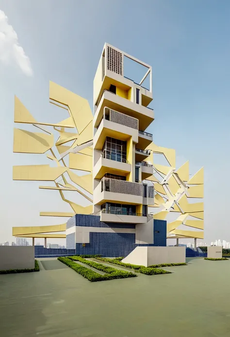 shangyejie, a residential towers, with a small podium at the ground floor and white color, in the Ho Chi Minh city in Viet Nam, designed in the style of modern architectural style. light yellow, random color, The towers have rectangular balconies on each s...