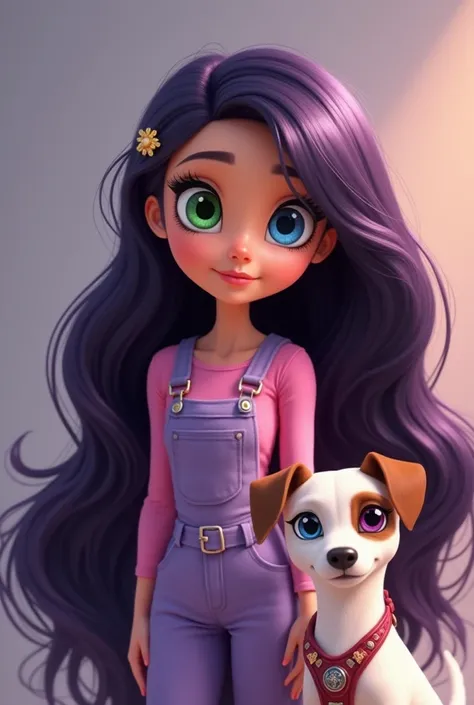 Girl  .  The eyes are different one green and the other square .  She is dressed in a pink top and a lilac jumpsuit . And she walks her Jack Russell on a harness, and Jack Russell's eyes are also different, one blue and the other purple. Oh and her dark pu...