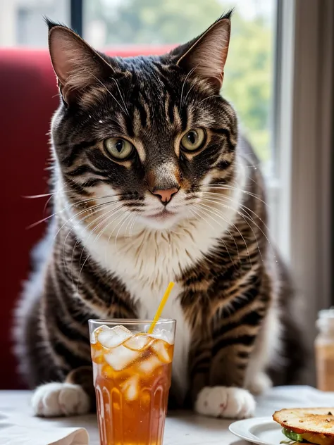 a close-up portrait of a cat with an hamburguer and a glass of soda, detailed fur, intricate whiskers, intense eyes, soft lighting, realistic, photorealistic, high quality, 8k, best quality, ultra-detailed, professional, vivid colors, natural lighting, dep...