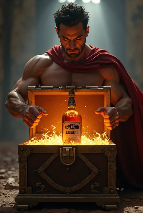 man open a chest like super man in the chest has a arrack bottle