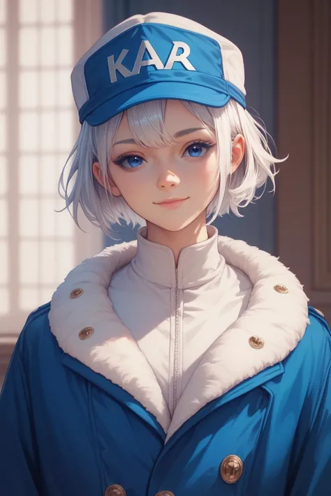 1 , Alone,  short hair,  white hair, blue eyes,the eyes, High resolution little bear, closed mouth, light smile , Clothing overcoat , hair covering up to the mouth, One side of the head has little hair,  full body cap