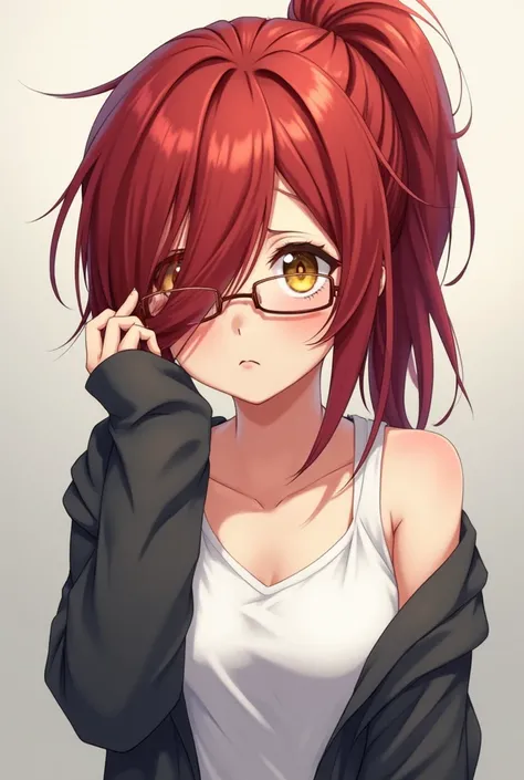 A red haired anime girl who covers her left eye with her hair she wears a white tank top with a dark grey hoodie she has yellow eyes and messy hair with a ponytail and is tall and an adult around her late 20s and wears glasses 
