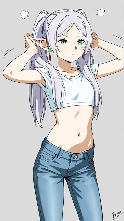 Anime-Serie, frieren standing, wearing low rise jeans, wearing short crop top, hands up in the air, bellybutton shows, long midriff, shy face, very detailed, meisterwerk