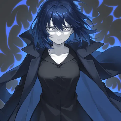 female、  long coat 、 Long dark blue hair、Eyes are pitch black 、zitoida 、   high definition 、 Super Fine、The whites of the eyes are black 、 white skin、  Blue Aura 、Rough Aura、 sad face