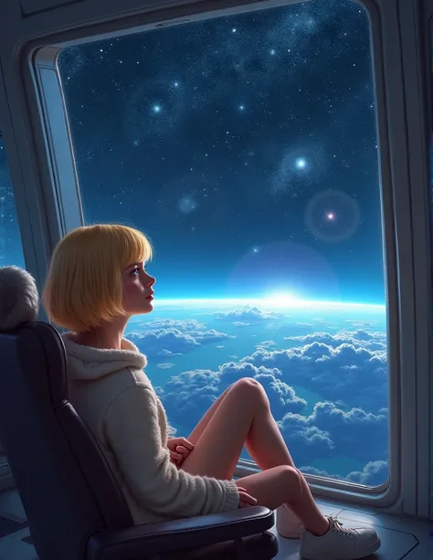 A young sexy blonde with short hair and warm clothes sits on a seat in a spaceship and the window can show beautiful stars