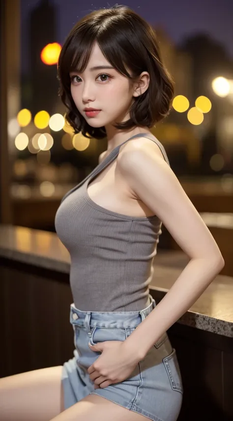   Beautiful girl with   big breasted,  very beautiful and detailed face   ,     laugh shyly, Deep Valley), ((With the camera behind))、(彼女は   big breastedをしている、(Grayish Tone     )     Rib Knit Tank Top、、.    denim skirt    、    facing sideways to the viewer...