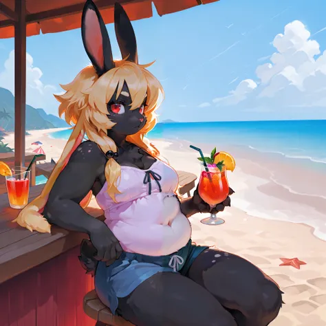 Rabbit, rabbit woman, black fur blonde spots, red eyes, casual clothes, beach bar, sunny, drink, plump, solo.