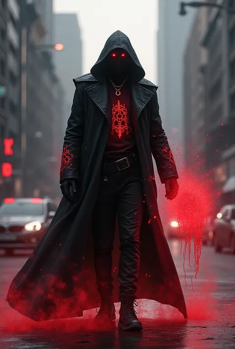 Create a blood wizard who wears modern clothes and is in a modern city 