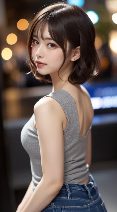   Beautiful girl with   big breasted,  very beautiful and detailed face   ,     laugh shyly, Deep Valley), ((With the camera behind))、(彼女は   big breastedをしている、(Grayish Tone     )     Rib Knit Tank Top、、.    denim skirt    、    facing sideways to the viewer...