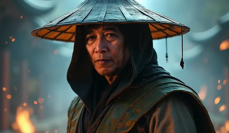 Realistic, cinematic. Detailing face, Raiden Mortal Kombat costume, Wearing a traditional conical hat (caping). walking with energy from his body.