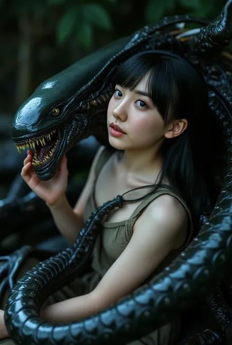 When she's completely naked, she has dark hair and is sexual、She was raped by Xenomorph and has Xenomorph's black penis attached and inserted into her pussy、 Xenomorph is drooling、She's having sex with Xenomorph in Xenomorph's nest