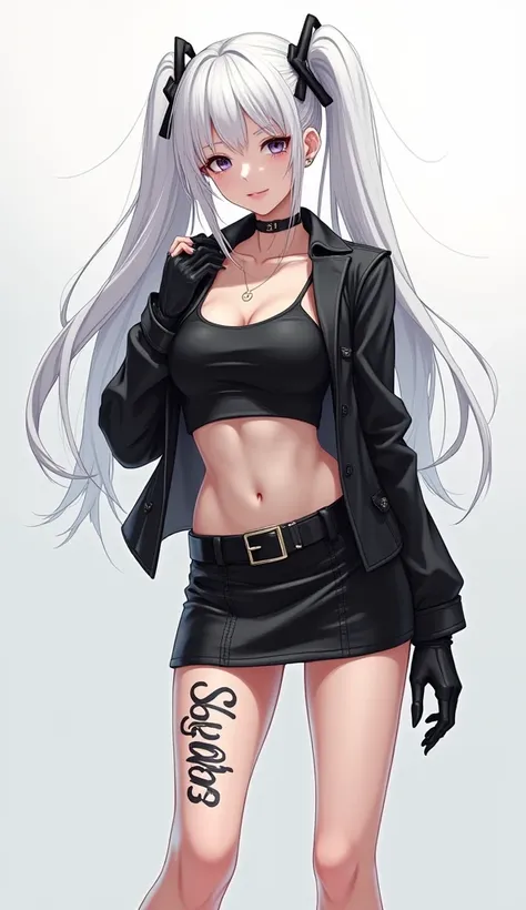 White-haired anime girl wearing a black jacket with a short skirt and open heels and has a tattoo that says the name Santiago 