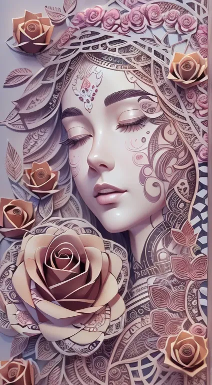 (illustration:1.3),paper art, zentangle，3D rendering，Spring，(Beauty side face,close eyes:1.3)，(roses:1.2), Colorful, Best quality, Detailed details, Masterpiece, offcial art, Cinematic lighting effects, 4K,