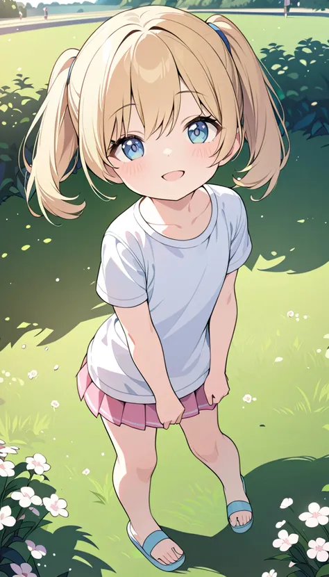 1 girl, blonde hair, blue eyes, white T-shirt, pink miniskirt, blue sandals,  twintails,  , summer, on the grass, in a park,  looking happy, about three years old, detailed, wallpaper, masterpiece, best quality, standing