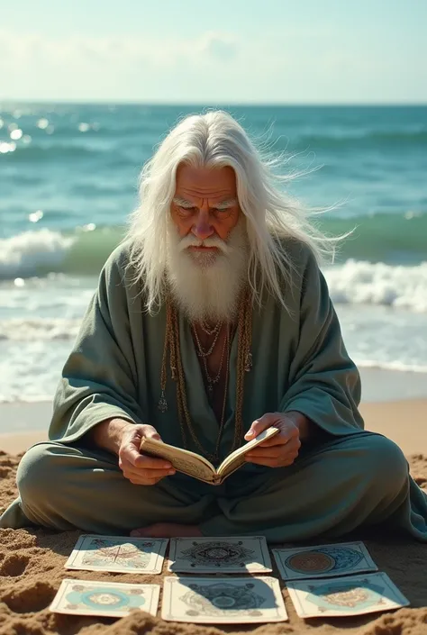 White-haired fortune teller on the beach playing cards in front of the sea