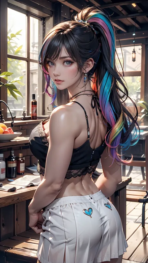  Action Shots , Establish, Paradise Girl Airlock、 Rainbow(rainbow)Hair Color、 high ponytail、 long eyelashes 、 eyeshadow、 lip gloss、 narrow waist、 sexy proportions、Erotic poses、 pin heels、lace embellished halter neck top 、 low rise micro mini pleated skirt(...