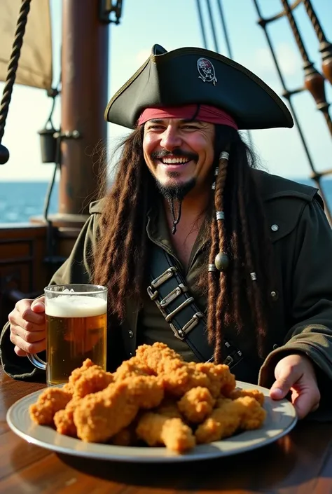 Captain Jack Sparrow (Pirates of the Caribbean): A plump Captain Jack Sparrow sits on the deck of the Black Pearl with a plate of fried chicken and a tankard of beer, his pirate hat tilted as he laughs mid-bite.