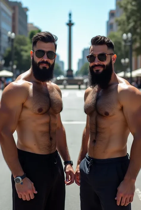  Two men on their faces Bearded sunglasses , bearded men in black shorts and short t-shirts intense blue standing near an obelisk on the wide street Avenida Júlio 9. in Buenos Aires Argentina .Very hairy muscular body , focus on the chest muscles ,  large ...