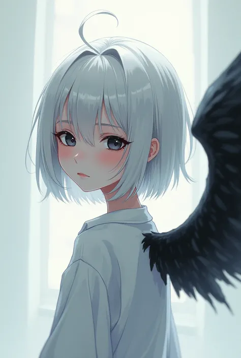 Anime girl, white hair,dark dark eyes ,white skin, wearing a white men's shirt, mad,black wing,  cute cute ,pretty girl 