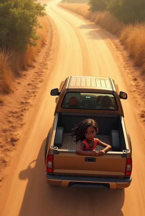 Shot from above of pick up truck moving along a dust road with a little black African girl holding the bar anime