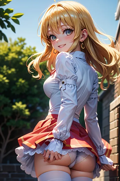 A beautiful girl walking in the garden, anime girl, 1 girl, (20 years old girl), (aged up), blonde hair, long hair, wavy hair, shiny hair, butterfly hair ornament, glowing eyes, amber eyes, earrings, shy, blush, nervous smile, nervous, red lips, white blou...