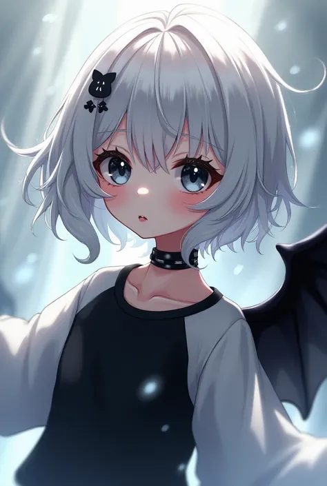 White haired anime girl long cat,black eye,white skin,wearing a black and white shirt,black wing, mad, cute, adorable  