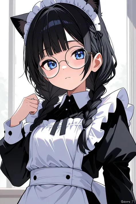 black hair, braid, thin, round glasses, maid