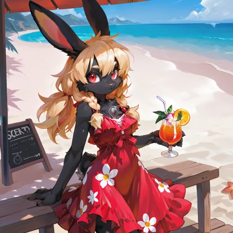 Rabbit, rabbit woman, black fur, blonde fur spots, red eyes, floral sundress, ruffles, beach bar, sunny, drink, solo, cute, curvaceous.