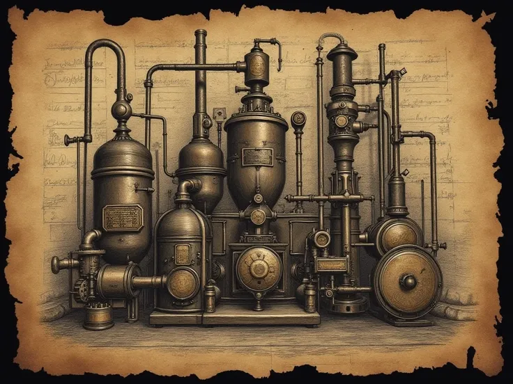  Steampunk　Boiler room　 antique 　The design looks like it was handwritten on paper 　 The edges are tattered and blurry