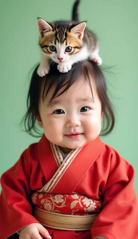 Realistic. Photorealistic. Image is vibrantly colored.
Photo,Highly detailed

A Japanese baby girl, about six months old, is smiling with her mouth closed, looking at the camera with a kitten on her head,
The baby is wearing a red long-sleeved kimono,
The ...