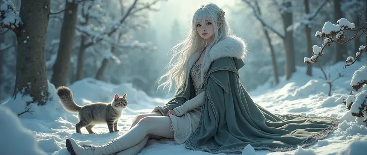  a Norwegian charcoal gray wool gown and 、Anime Images、 full body image 、  full body view、 elegant pale Elegant loose waves with 、Beautiful , Family Runes, like,  embroidered with healing and protection ,  with knee-high stockings , White deerskin boots,  ...