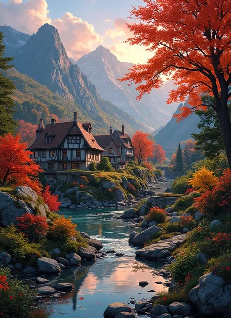  Small village on the river,     illuminated the mountain   , Floral Flowers々、  colorful,   detailed landscape  ,   Beautiful Natural Scenery  , atmosphere lighting, Intense sunset  , Warm colors, Practical, photoPractical,    detailed fall foliage   , Com...