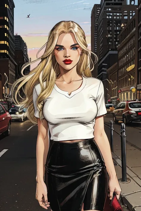 A beautiful Caucasian female poses on the sidewalk next to a busy New York street. The female has long blonde hair. The female wears a white short-sleeve top and a black leather pencil skirt and black high heels. The female has lovely makeup on her face. T...