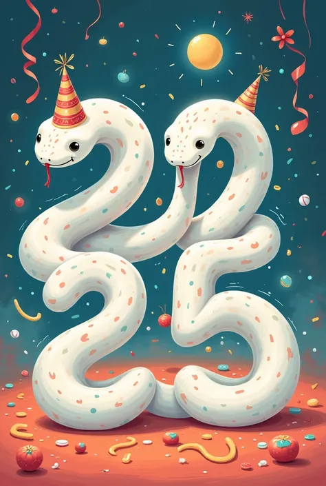 arrange white snakes Drawwing by their body to like the text”2025”, snake characters celebrating the new year