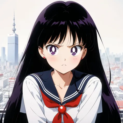 (masterpiece, best quality, very aesthetic, ultra detailed), intricate details, 4k, aamars, long hair, black hair, litle bit angry, serafuku, tokyo city background