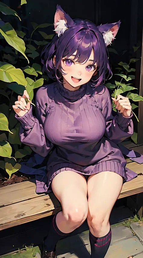 1girl, smile, looking at viewer, solo, jitome, short hair, cat ears, wavy hair, purple hair, purple eyes, open mouth, big breasts, oversized clothes, purple sweater, pink stripes, sleeves past wrists, kneehighs, thick tail, striped tail, (plant:1.2)