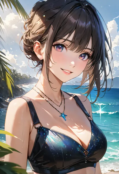 Sparkling sea and tropical ocean, Sunny sky with fluffy white clouds, Palm trees along the coast, Blur the background,Pleasant sea breeze,Young woman with dark hair, Swimwear,smile,Glitter effect,highest quality, 4K, 8k, High resolution, masterpiece:1.2, V...