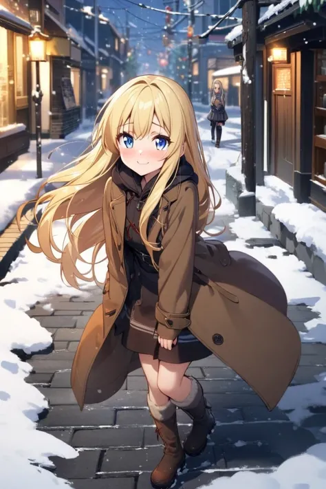 The highest quality, one girl, blonde hair, long hair, blue eyes, 18 years old, shy smile, red cheeks, standing on her feet, on the street and snow