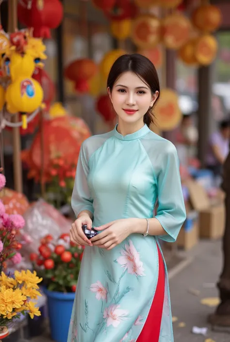 A vibrant, 25-year-old Vietnamese woman with a bright smile, adorned in a modern turquoise Ao Dai with intricate embroidery, holds a vintage film camera, effortlessly navigating the Tet market's lively atmosphere. Her dark hair is tied back in a sleek bun,...