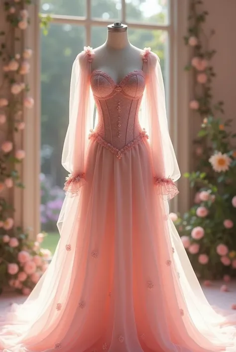  a long dress ,  your color is a light pink, with a corset, with tulle sleeves and some small stitched flowers 