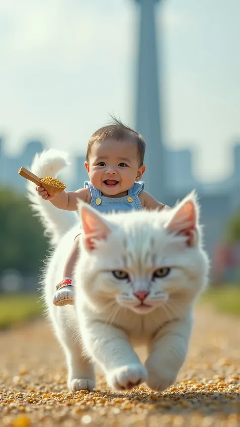 Realistic. Photorealistic. Image is vibrantly colored.
photo,Highly detailed

A fat, big white kitten is running with a smiling Japanese baby girl, about six months old, on its back.
The baby is sitting astride the fat, big kitten,
The baby's legs are hang...