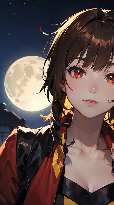 night, outdoors, darkness, moon, 1girl, megumin, short hair, brown hair, short hair with long locks, red eyes, glowing eyes, colored eyelashes, brown eyelashes, solo, score_9, score_8_up, score_7_up, source_anime