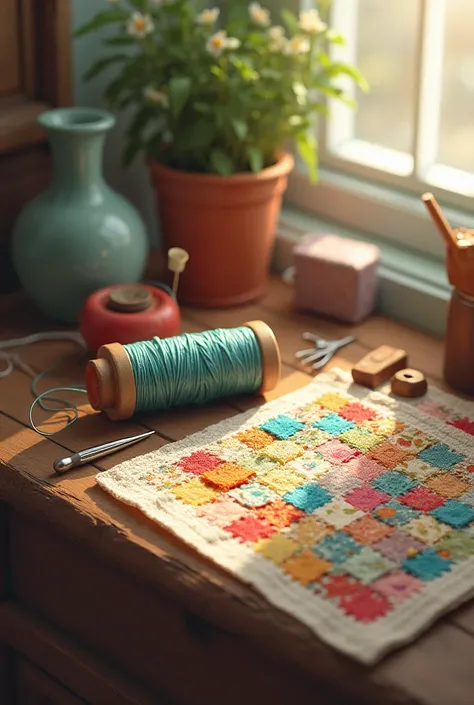 I want an image where a thread, a needle and a patchwork sheet come together.