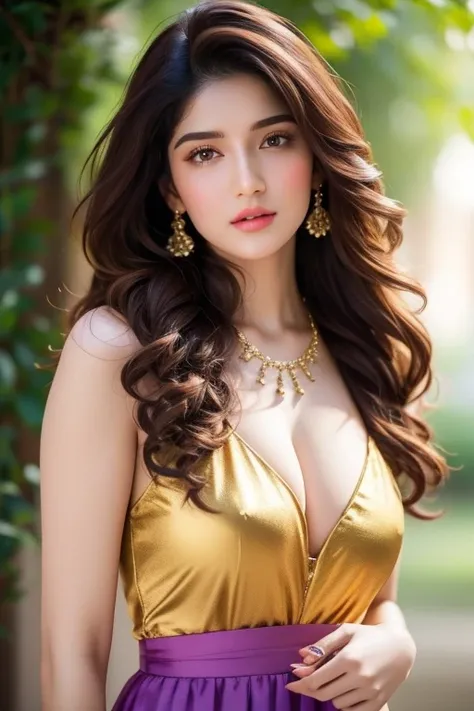 A breathtakingly lifelike photograph of a stunningly beautiful 25-year-old Indian woman. face like Kriti Sannon, perfect and very detailed round medium natural breasts, detailed cute natural cleavage, ((Full body Shot)), wearing a beautiful indian dress, P...