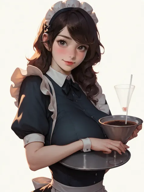 Big Breasts, maid clothes,White Base,Hourglass body type,Put black tea on a tray and carry it by hand