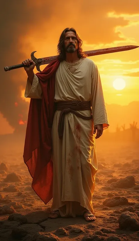 Jesus depicted as a powerful and serene figure standing in a post-battle scene. He is holding a long, bloodstained sword on his shoulder with one hand, exuding strength and divine authority. His robes are tattered and stained, with a soft, radiant glow sur...